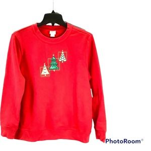 Holiday Editions Womens Sweatshirt Size M Red Christmas Tree Embroidery New!